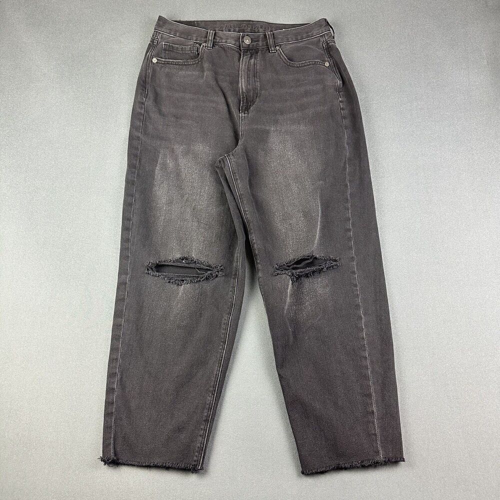 American Eagle Relaxed Mom Jeans Women 10 Short Faded Black Destroyed Baggy Wide